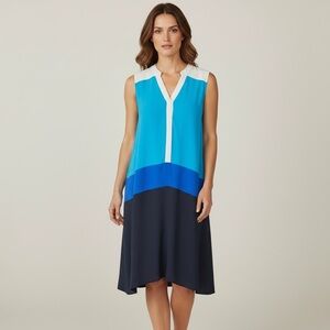 ANN TAYLOR Colorblock Shift Slight Hi-Lo Dress in White/Blue/Navy Size Medium
